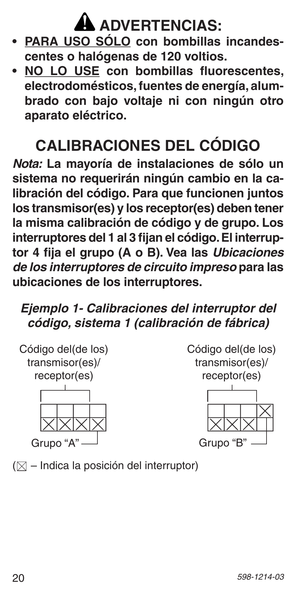 Advertencias, Calibraciones del código | Heath Zenith 598-1214-03 User Manual | Page 20 / 36