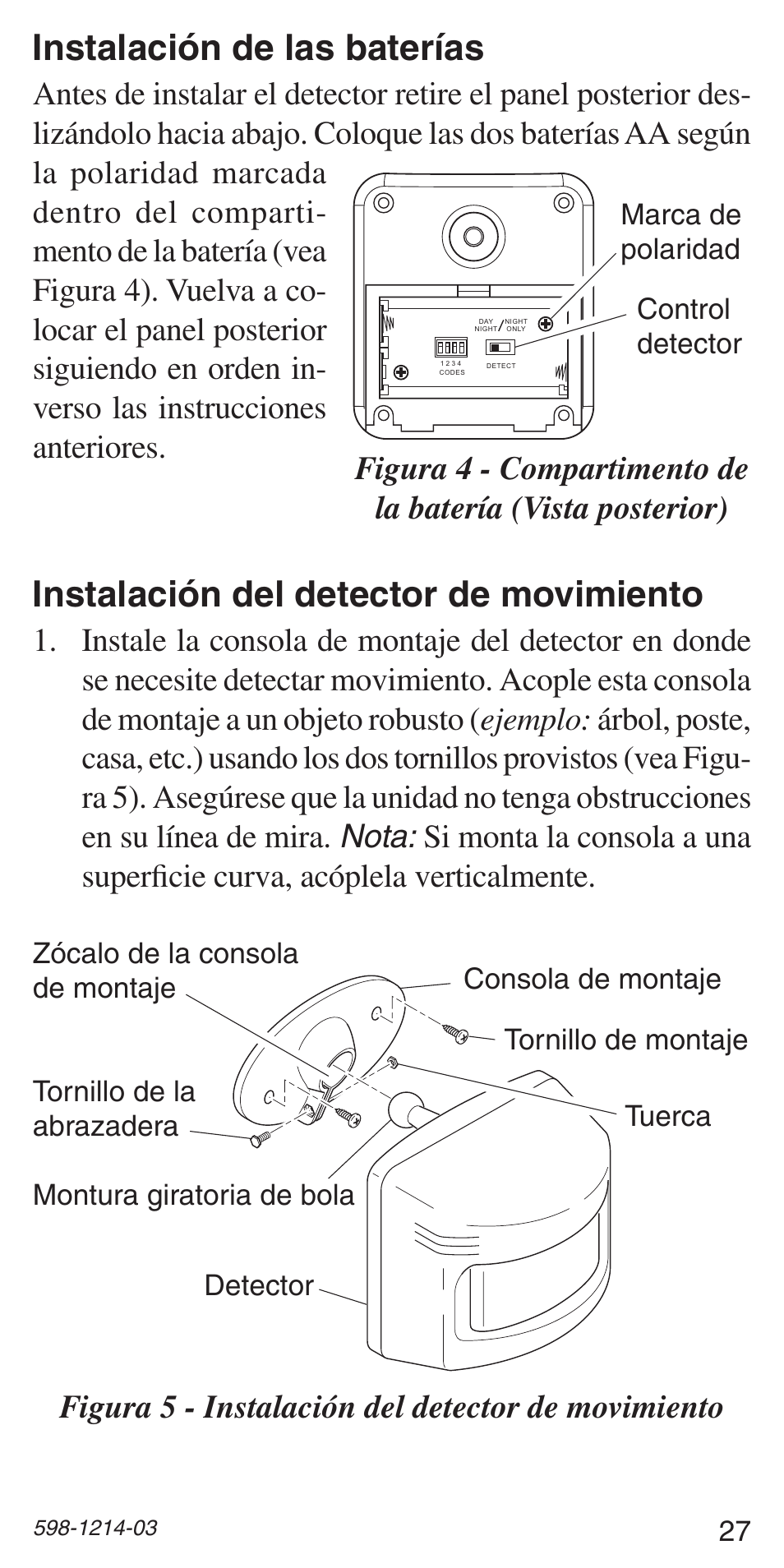 Instalación del detector de movimiento, Instalación de las baterías, Figura 5 - instalación del detector de movimiento | Control detector marca de polaridad | Heath Zenith 598-1214-03 User Manual | Page 27 / 36