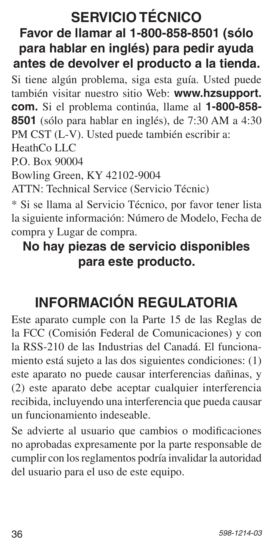 Información regulatoria, Servicio técnico | Heath Zenith 598-1214-03 User Manual | Page 36 / 36