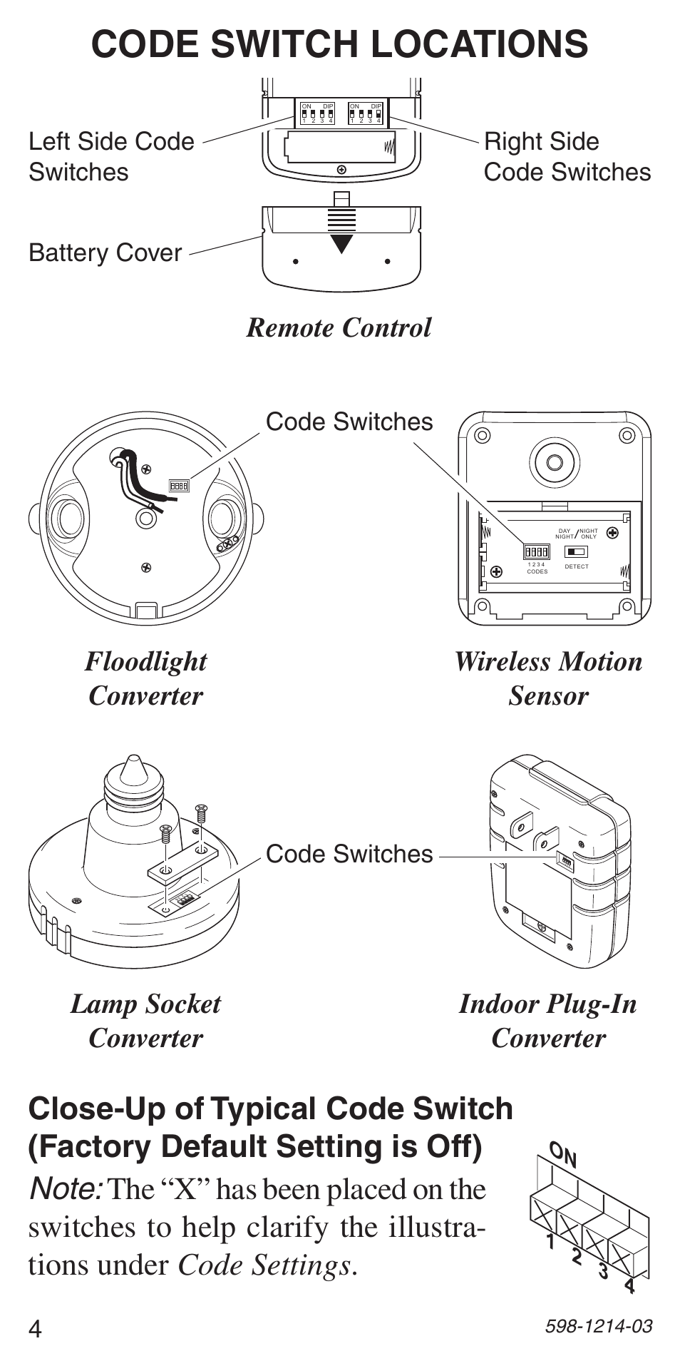 Code switch locations, Floodlight converter wireless motion sensor, Lamp socket converter indoor plug-in converter | Remote control, Code switches, On 1 2 3 4 | Heath Zenith 598-1214-03 User Manual | Page 4 / 36