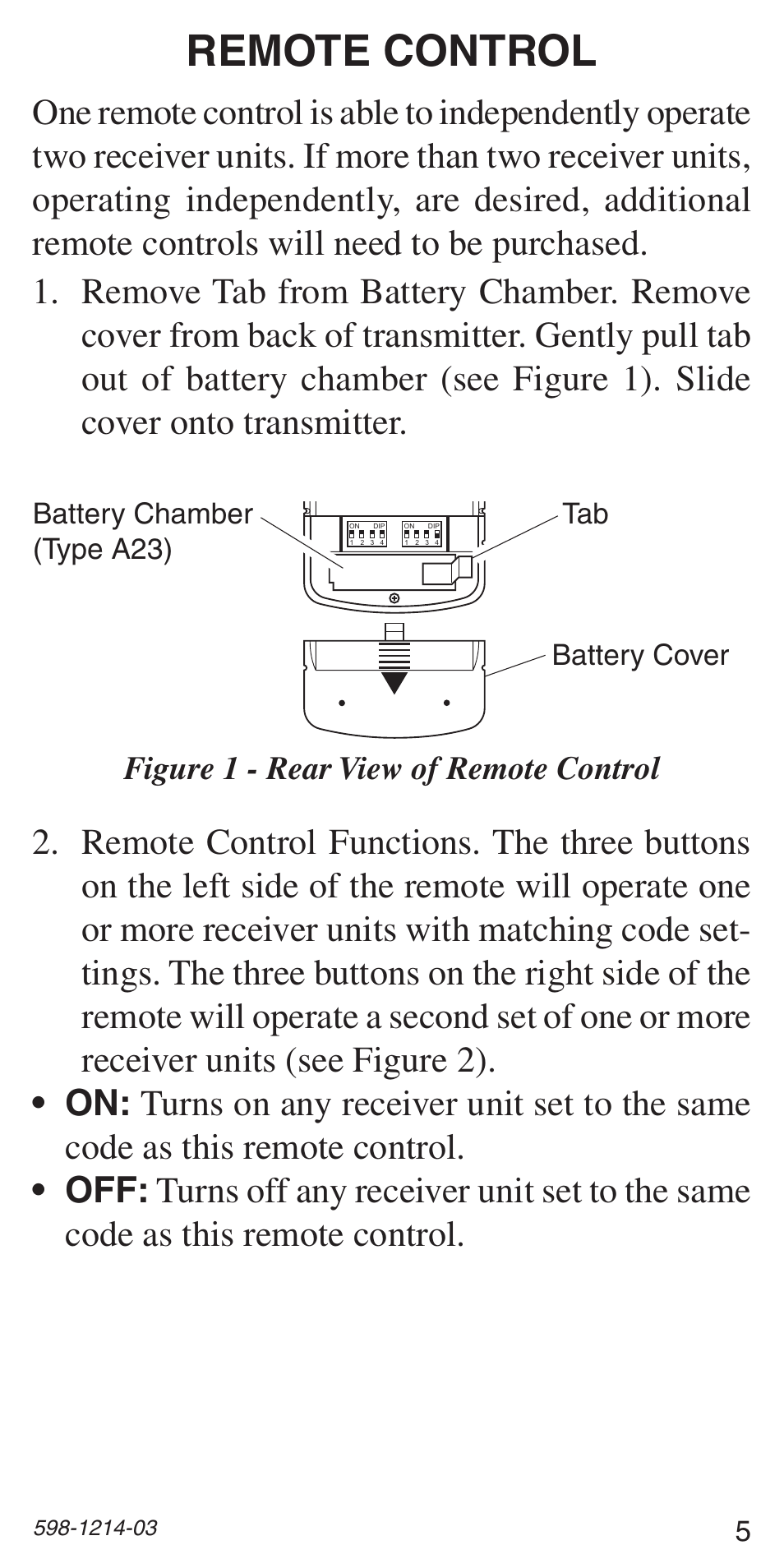Remote control, Figure 1 - rear view of remote control | Heath Zenith 598-1214-03 User Manual | Page 5 / 36