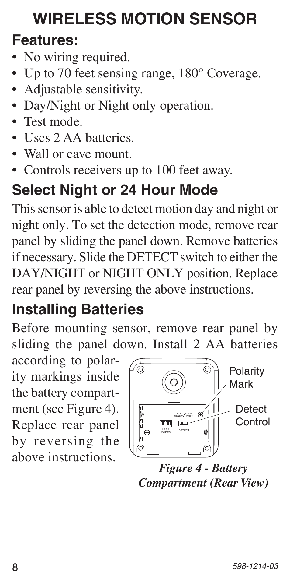 Wireless motion sensor, Features, Select night or 24 hour mode | Installing batteries, Figure 4 - battery compartment (rear view), Detect control polarity mark | Heath Zenith 598-1214-03 User Manual | Page 8 / 36