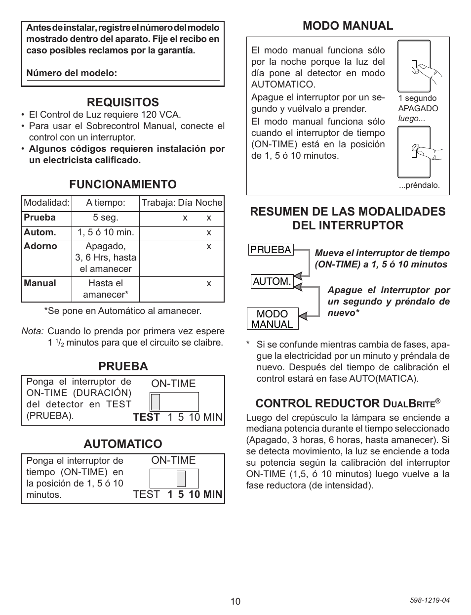 Requisitos, Funcionamiento, Prueba | Automatico, Resumen de las modalidades del interruptor, Modo manual, Control reductor d | Heath Zenith 4350 User Manual | Page 10 / 24