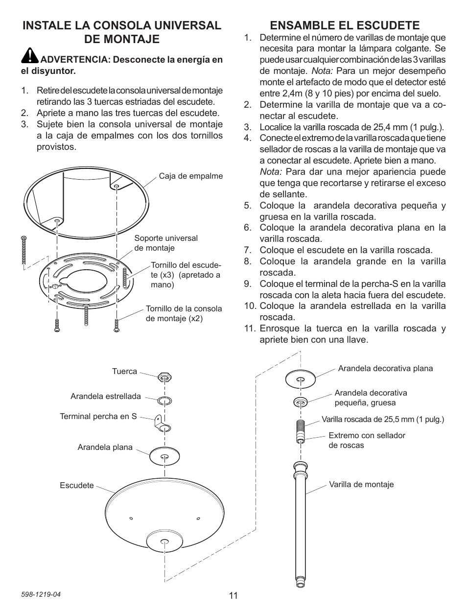 Instale la consola universal de montaje, Ensamble el escudete | Heath Zenith 4350 User Manual | Page 11 / 24