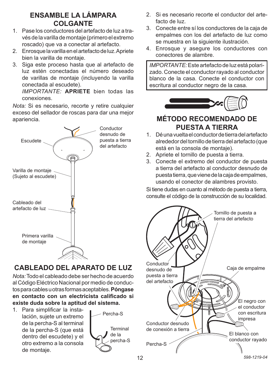 Cableado del aparato de luz, Método recomendado de puesta a tierra, Ensamble la lámpara colgante | Heath Zenith 4350 User Manual | Page 12 / 24