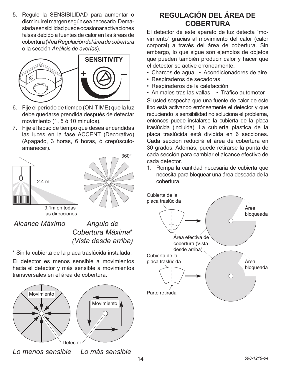 Lo menos sensible lo más sensible, Regulación del área de cobertura, Alcance máximo angulo de cobertura máxima | Vista desde arriba) | Heath Zenith 4350 User Manual | Page 14 / 24