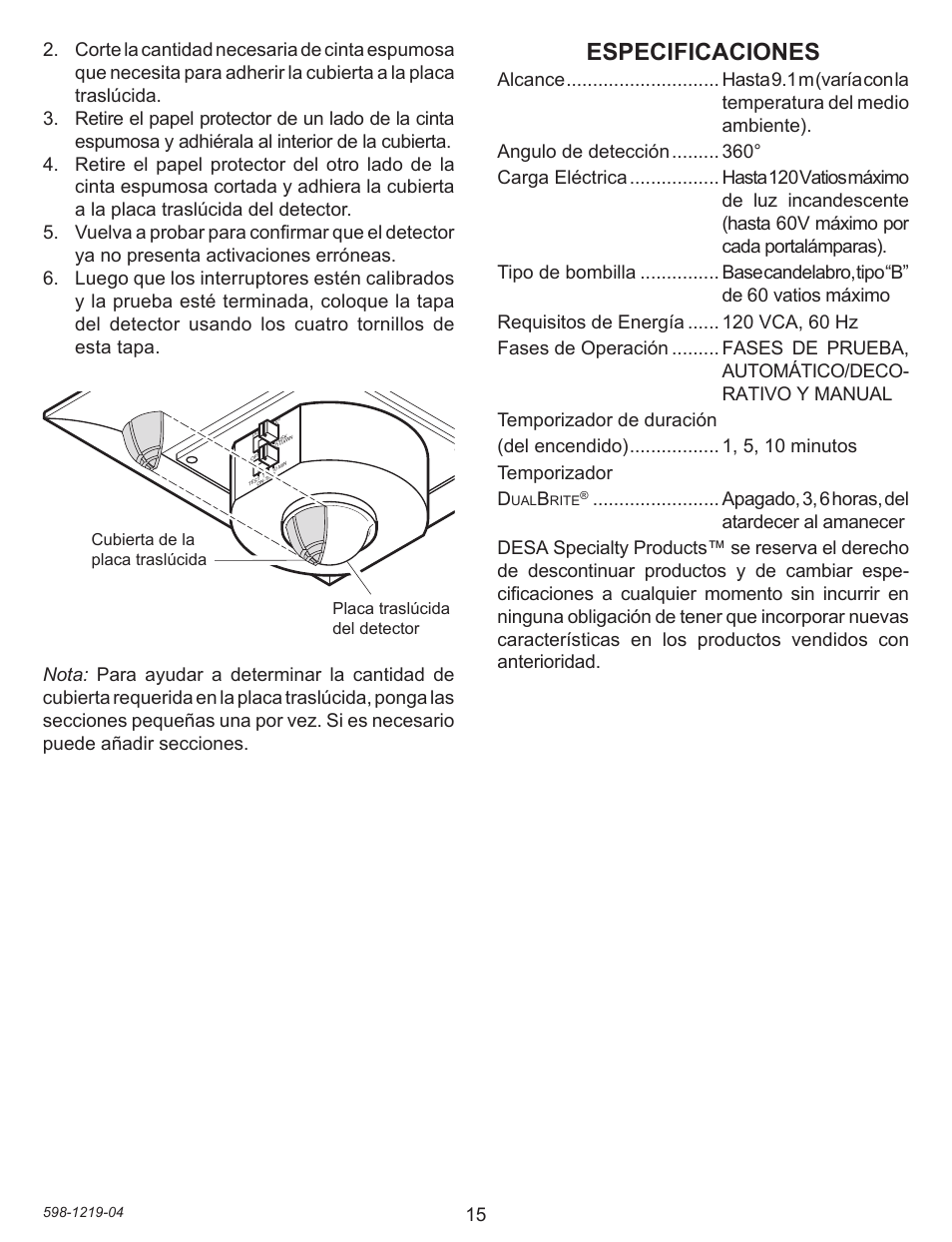 Especificaciones | Heath Zenith 4350 User Manual | Page 15 / 24