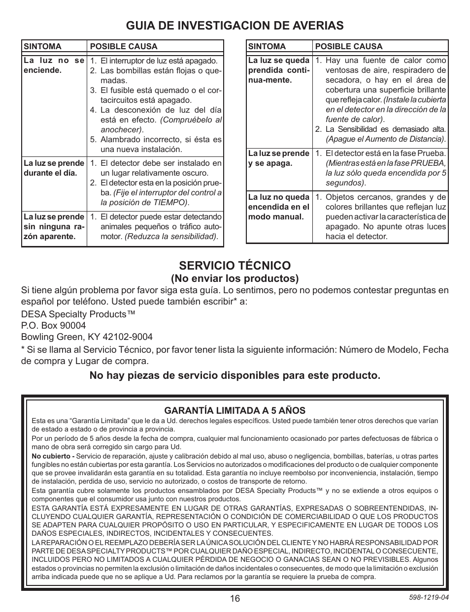 Guia de investigacion de averias, Servicio técnico, No enviar los productos) | Heath Zenith 4350 User Manual | Page 16 / 24