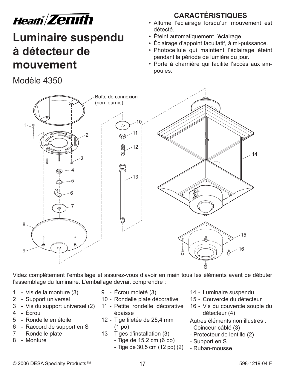 Luminaire suspendu à détecteur de mouvement, Modèle 4350, Caractéristiques | Heath Zenith 4350 User Manual | Page 17 / 24
