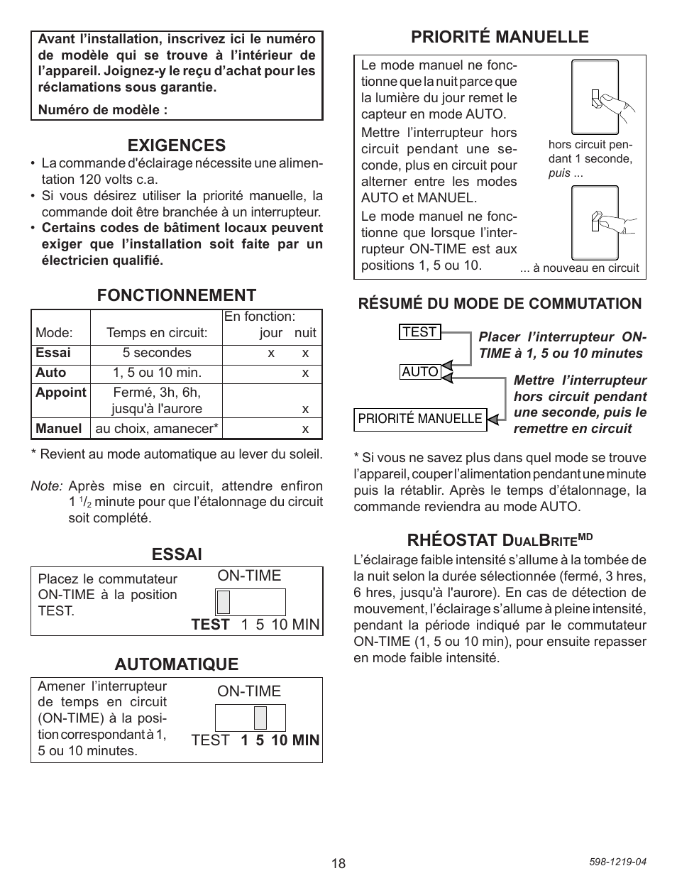 Exigences, Fonctionnement, Essai | Automatique, Priorité manuelle, Rhéostat d | Heath Zenith 4350 User Manual | Page 18 / 24
