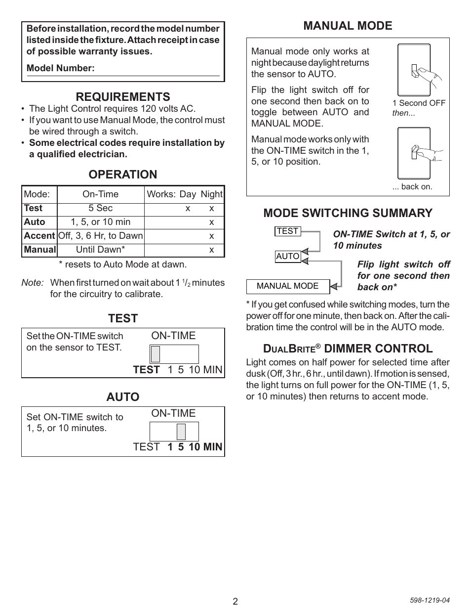 Test, Auto, Mode switching summary | Manual mode, Dimmer control, Requirements, Operation | Heath Zenith 4350 User Manual | Page 2 / 24