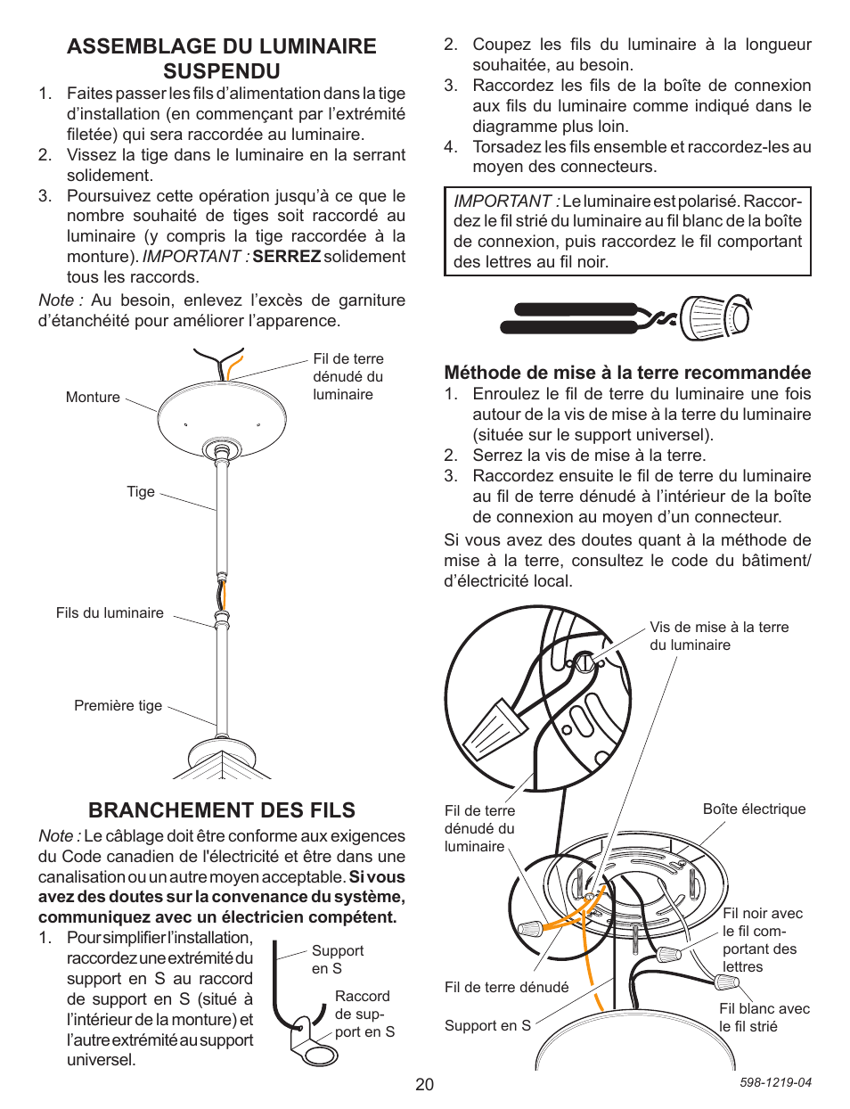 Branchement des fils, Assemblage du luminaire suspendu, Méthode de mise à la terre recommandée | Heath Zenith 4350 User Manual | Page 20 / 24