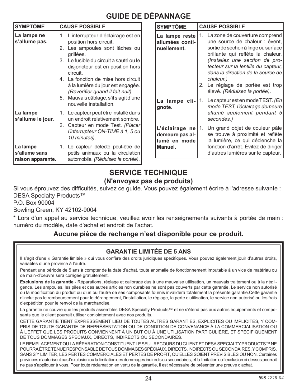 Guide de dépannage service technique, N'envoyez pas de produits) | Heath Zenith 4350 User Manual | Page 24 / 24