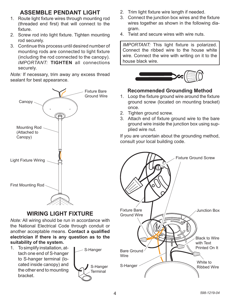 Wiring light fixture, Assemble pendant light, Recommended grounding method | Heath Zenith 4350 User Manual | Page 4 / 24