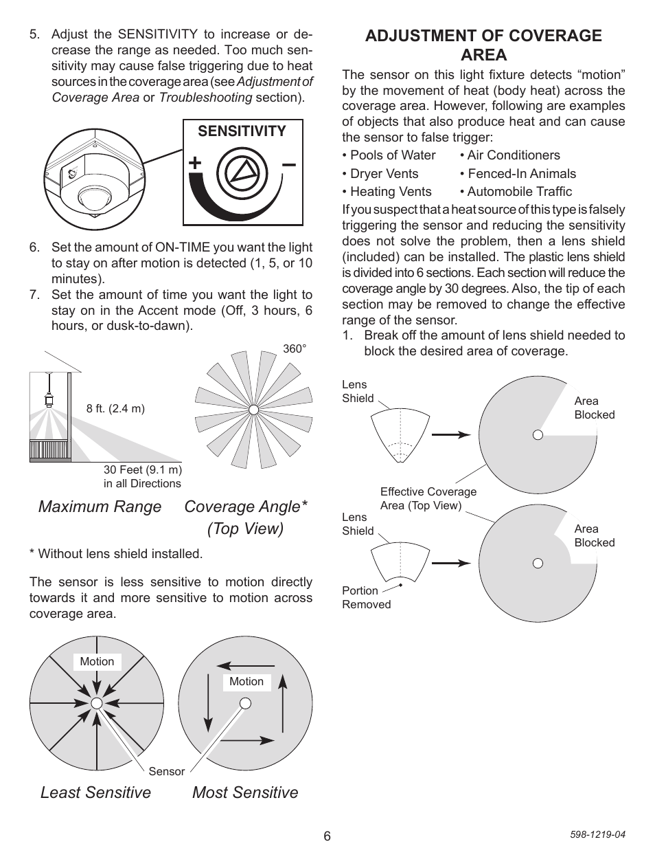 Least sensitive most sensitive, Adjustment of coverage area, Maximum range coverage angle* (top view) | Heath Zenith 4350 User Manual | Page 6 / 24