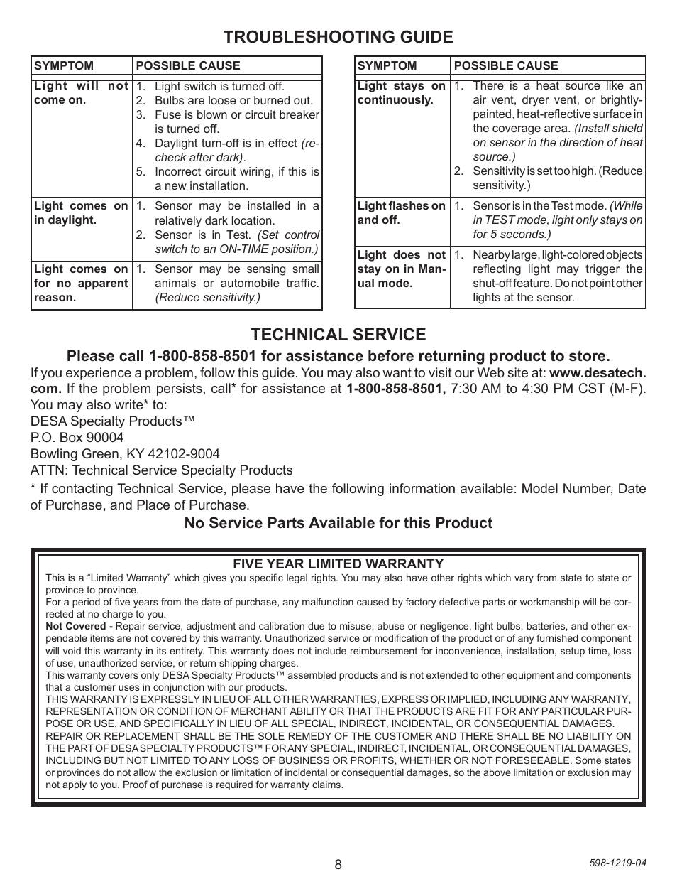 Troubleshooting guide technical service, No service parts available for this product | Heath Zenith 4350 User Manual | Page 8 / 24