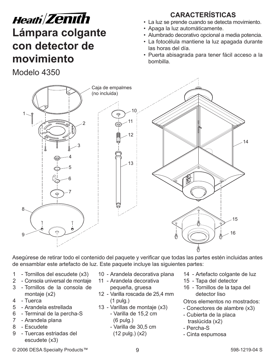 Lámpara colgante con detector de movimiento, Modelo 4350, Características | Heath Zenith 4350 User Manual | Page 9 / 24
