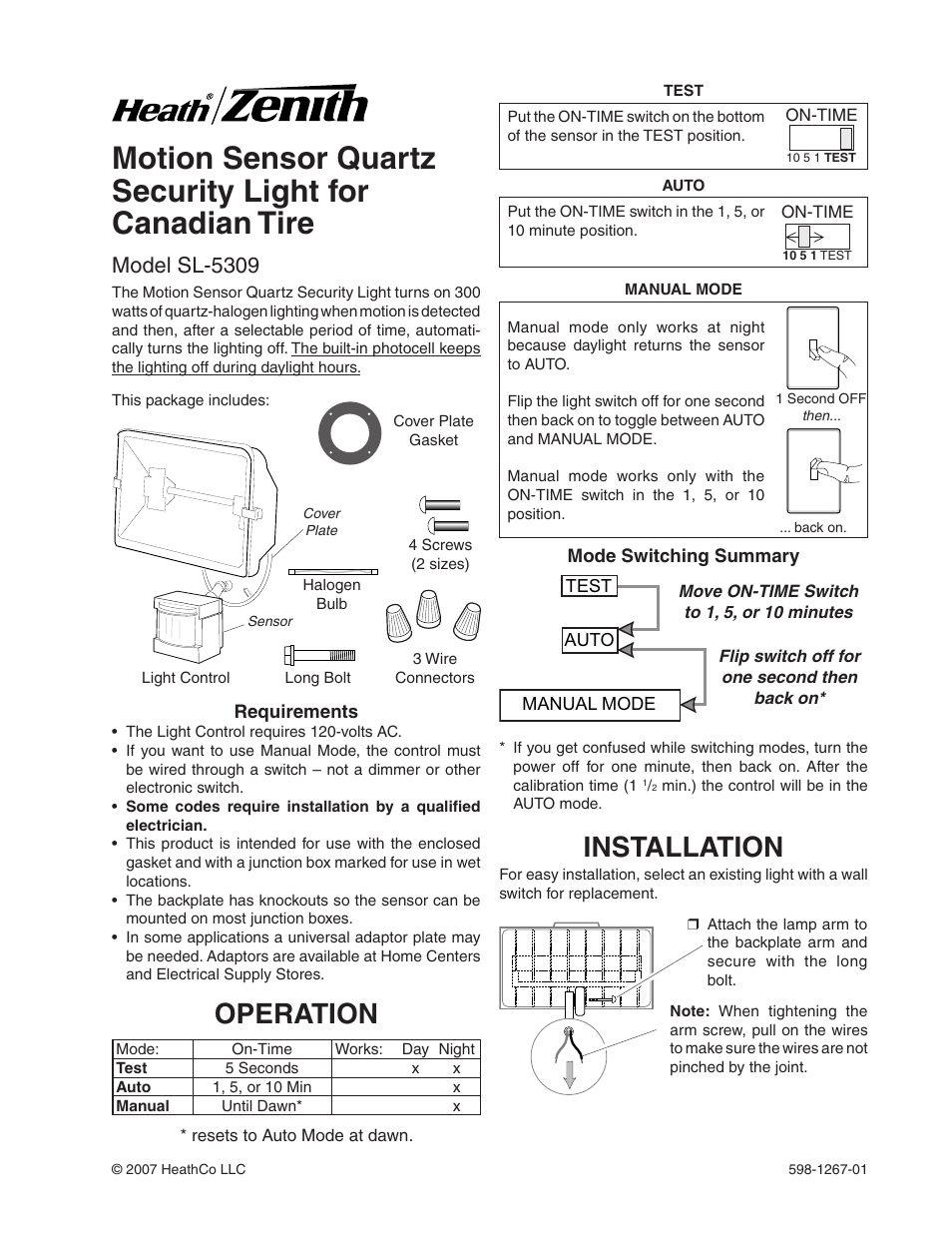 Heath Zenith Motion Sensor Quartz SL-5309 User Manual | 12 pages