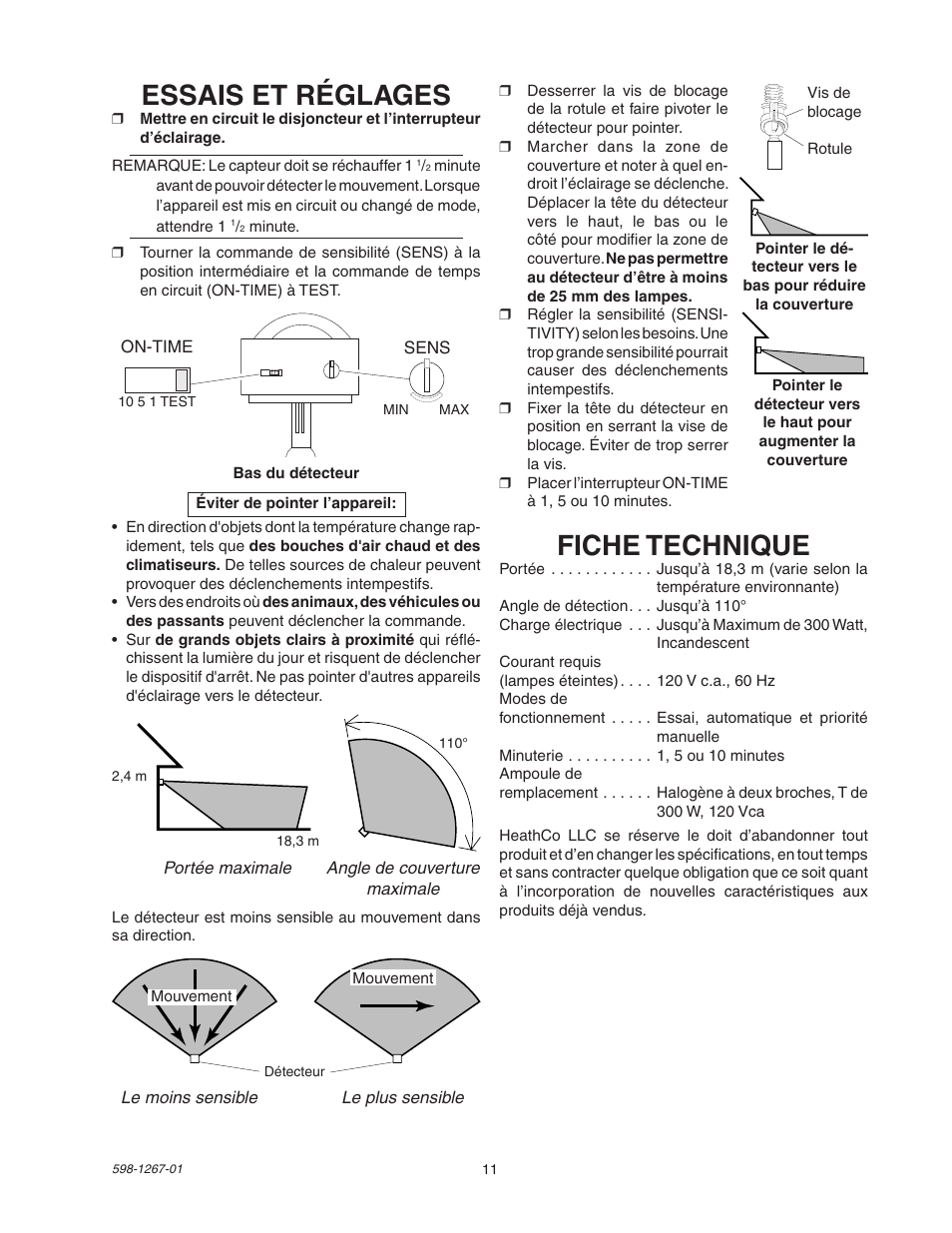 Fiche technique, Essais et réglages | Heath Zenith Motion Sensor Quartz SL-5309 User Manual | Page 11 / 12