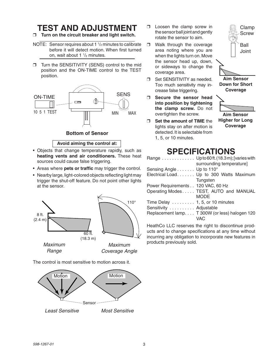 Specifications, Test and adjustment | Heath Zenith Motion Sensor Quartz SL-5309 User Manual | Page 3 / 12