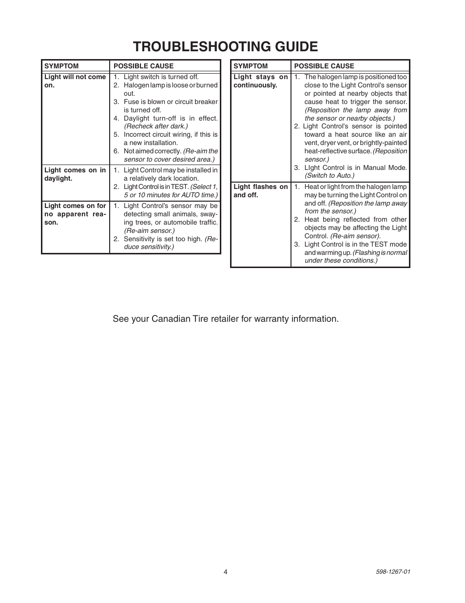 Troubleshooting guide | Heath Zenith Motion Sensor Quartz SL-5309 User Manual | Page 4 / 12