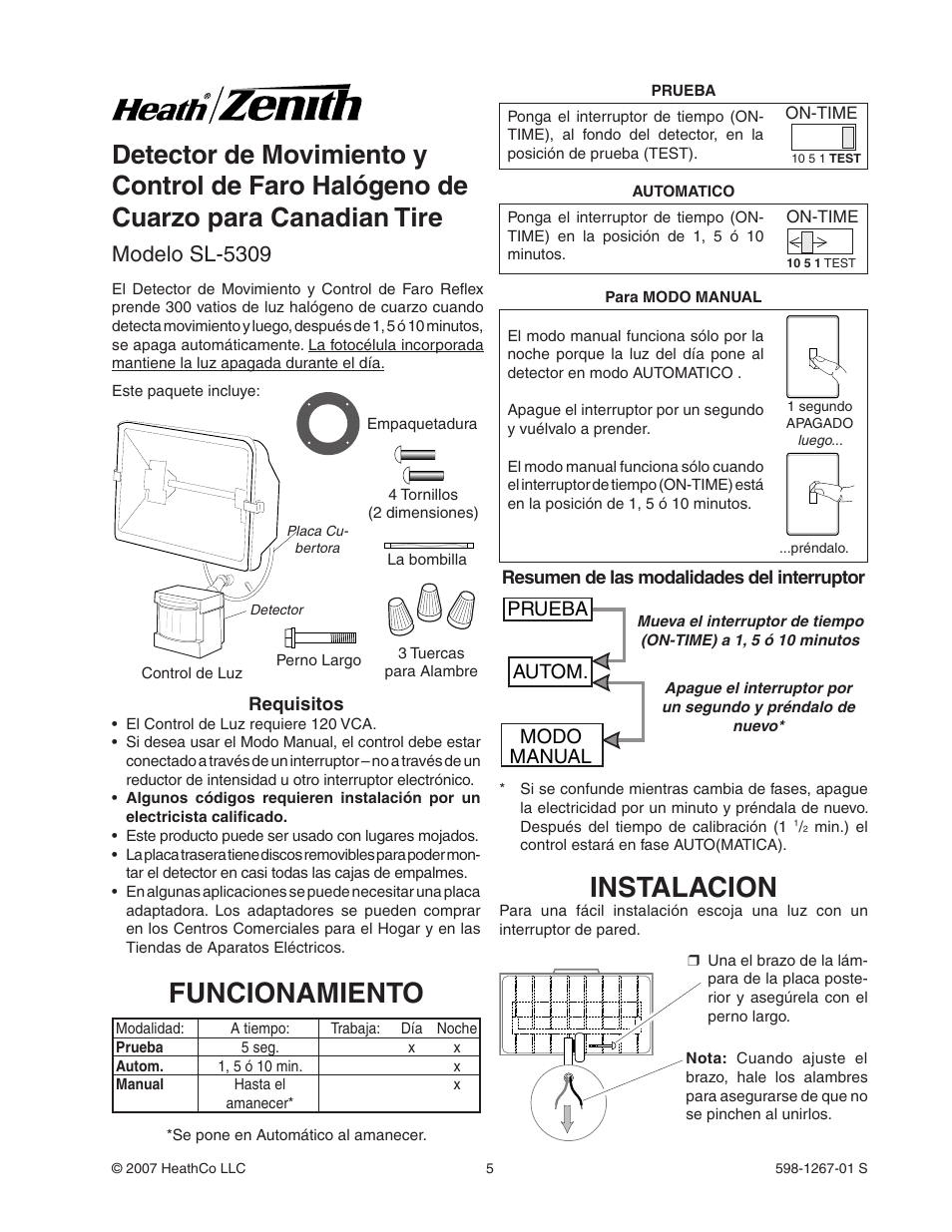 Funcionamiento, Instalacion, Modelo sl-5309 | Prueba autom. modo manual | Heath Zenith Motion Sensor Quartz SL-5309 User Manual | Page 5 / 12