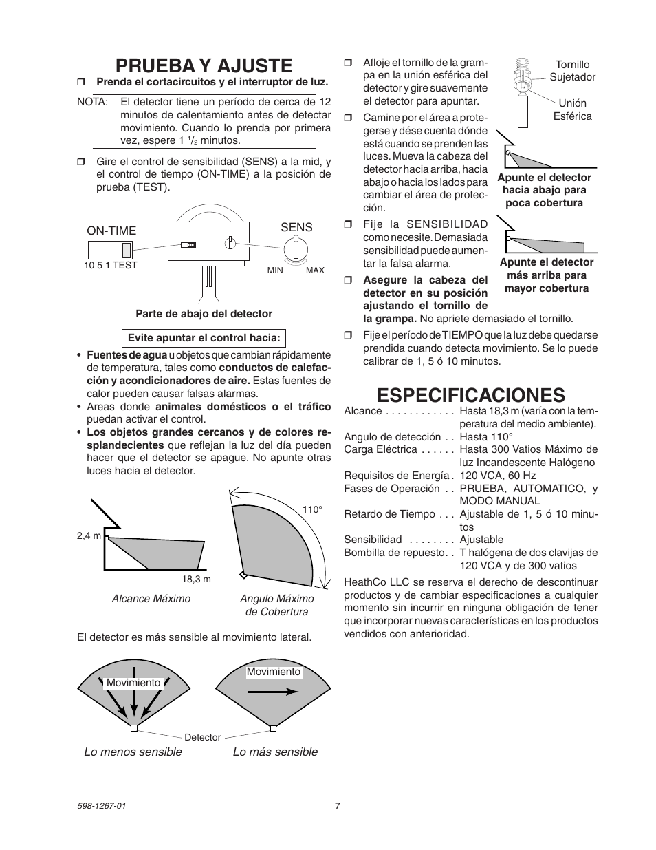 Especificaciones, Prueba y ajuste | Heath Zenith Motion Sensor Quartz SL-5309 User Manual | Page 7 / 12