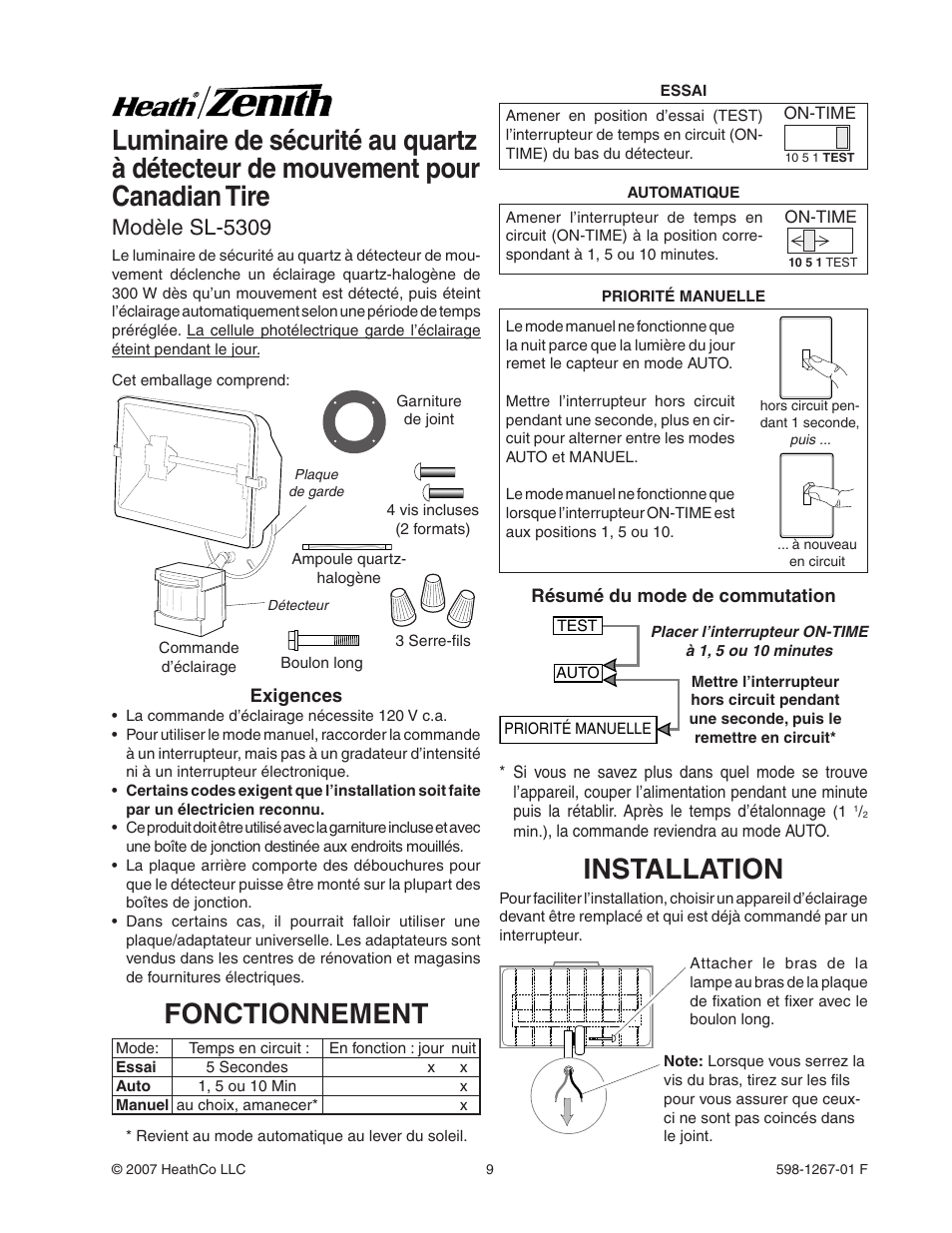 Fonctionnement, Installation, Modèle sl-5309 | Heath Zenith Motion Sensor Quartz SL-5309 User Manual | Page 9 / 12