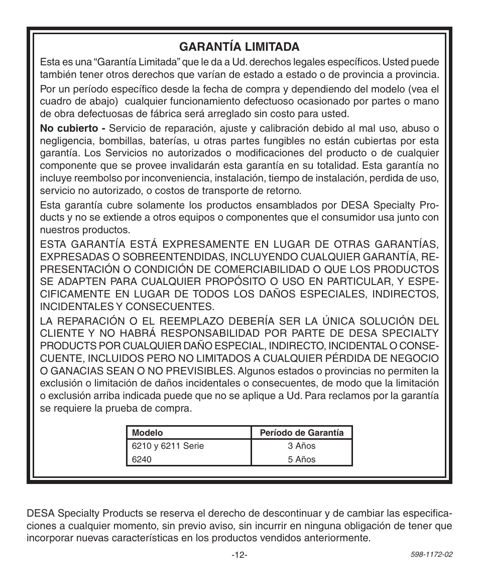 Garantía limitada | Heath Zenith 598-1172-02 User Manual | Page 12 / 20