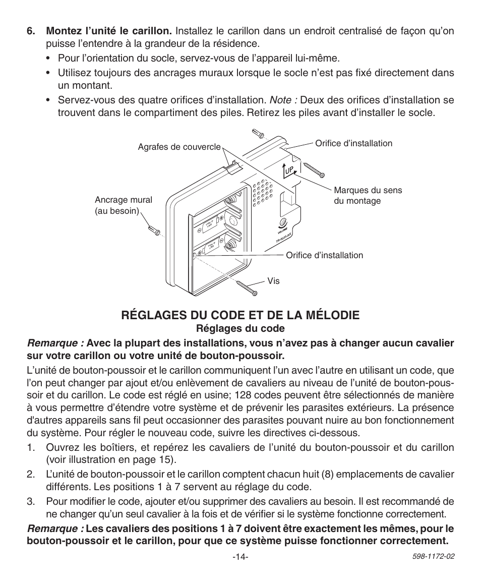 Réglages du code et de la mélodie | Heath Zenith 598-1172-02 User Manual | Page 14 / 20