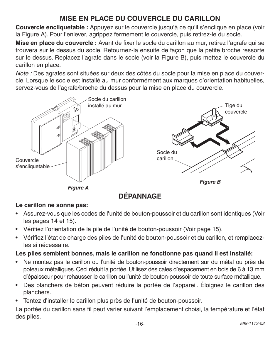 Mise en place du couvercle du carillon, Dépannage, Figure a figure b | Tige du couvercle socle du carillon | Heath Zenith 598-1172-02 User Manual | Page 16 / 20