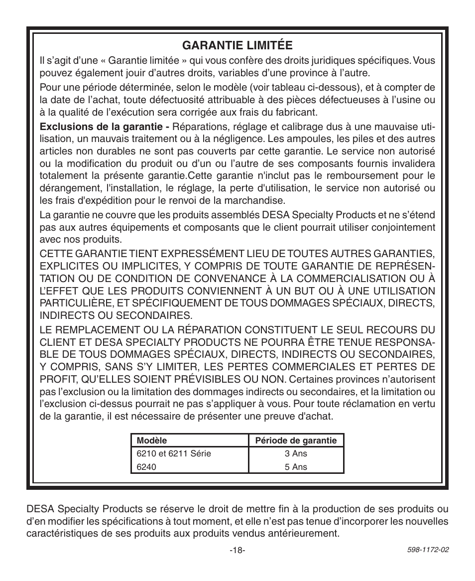 Garantie limitée | Heath Zenith 598-1172-02 User Manual | Page 18 / 20
