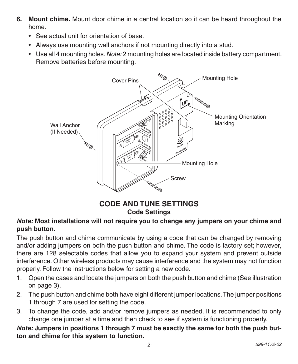 Code and tune settings | Heath Zenith 598-1172-02 User Manual | Page 2 / 20