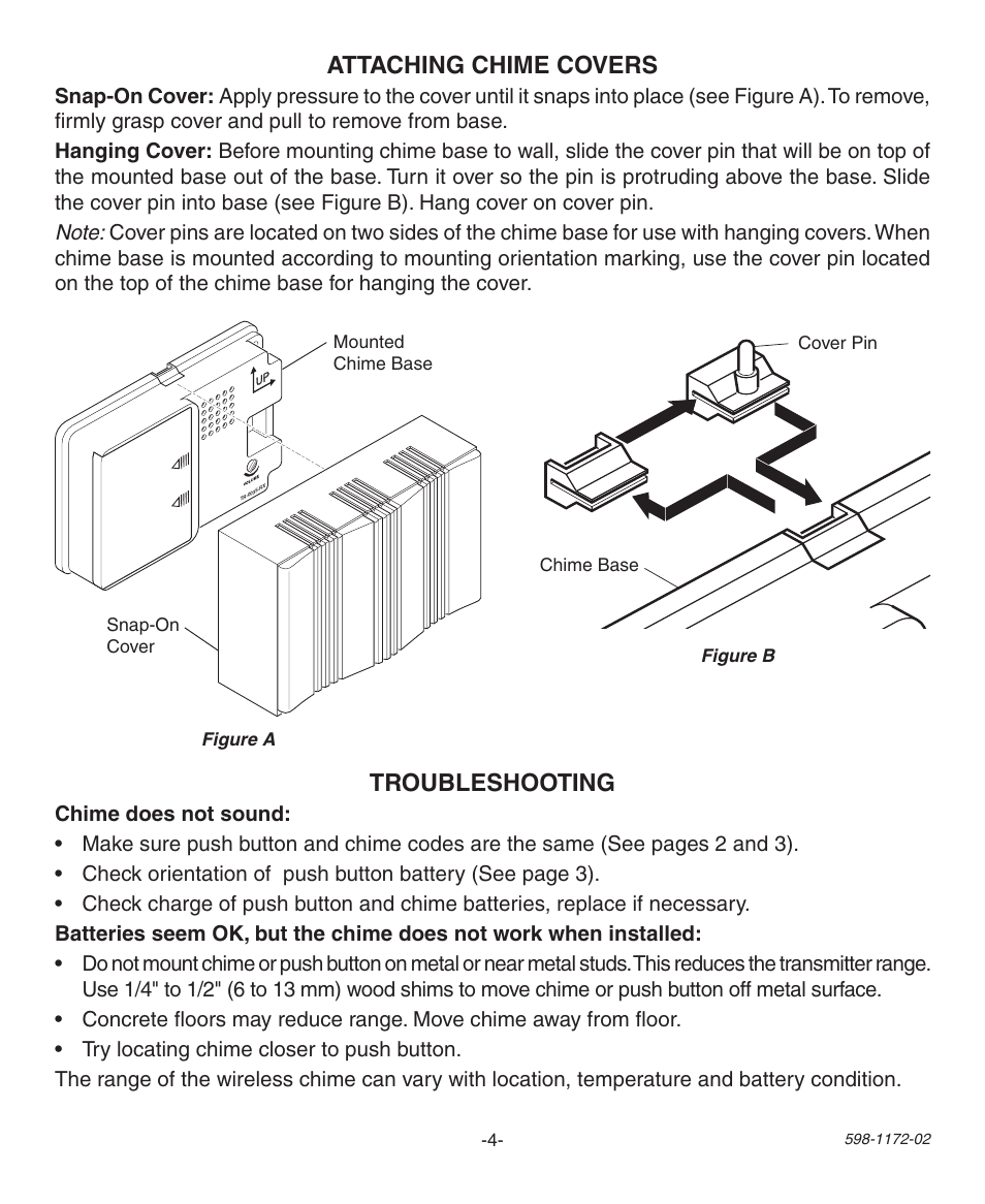Troubleshooting, Attaching chime covers, Cover pin chime base | Figure a, Snap-on cover mounted chime base figure b | Heath Zenith 598-1172-02 User Manual | Page 4 / 20