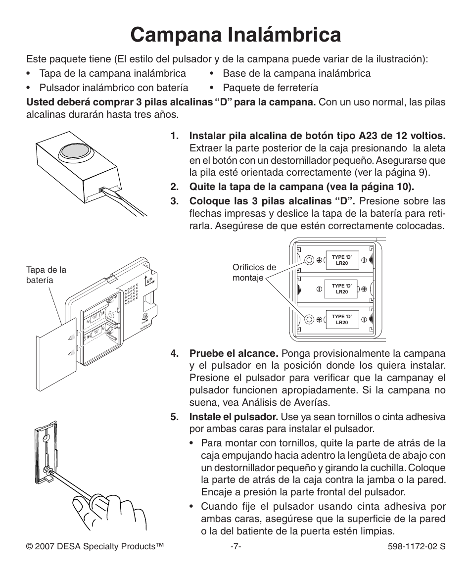Campana inalámbrica, Tapa de la batería | Heath Zenith 598-1172-02 User Manual | Page 7 / 20