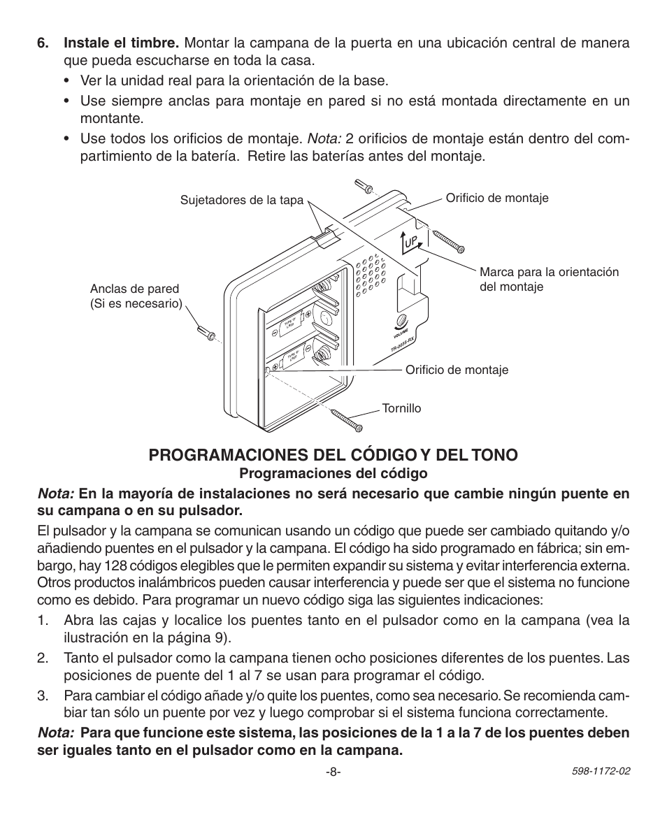 Programaciones del código y del tono | Heath Zenith 598-1172-02 User Manual | Page 8 / 20