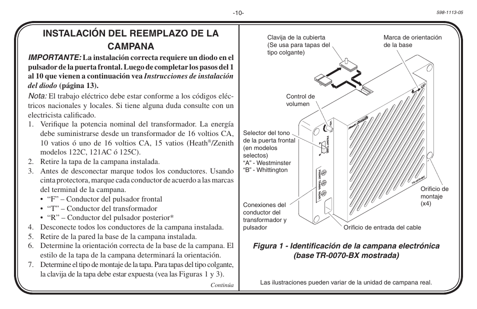 Instalación del reemplazo de la campana | Heath Zenith Hardwired Electronic Chime 598-1113-05 User Manual | Page 10 / 24
