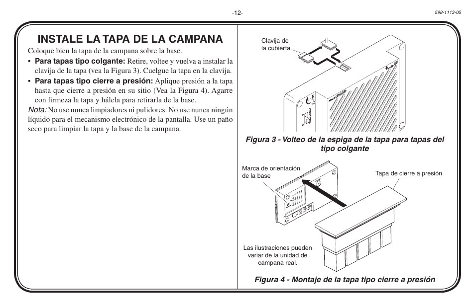 Instale la tapa de la campana | Heath Zenith Hardwired Electronic Chime 598-1113-05 User Manual | Page 12 / 24