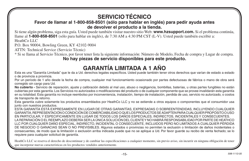 Garantía limitada a 1 año, Servicio técnico | Heath Zenith Hardwired Electronic Chime 598-1113-05 User Manual | Page 15 / 24