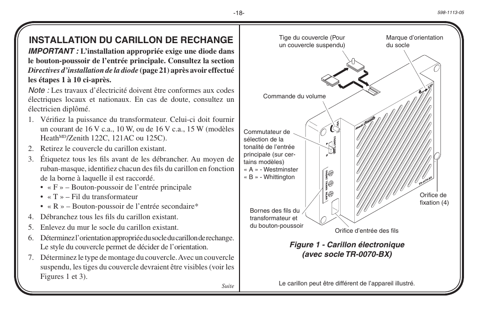 Installation du carillon de rechange | Heath Zenith Hardwired Electronic Chime 598-1113-05 User Manual | Page 18 / 24