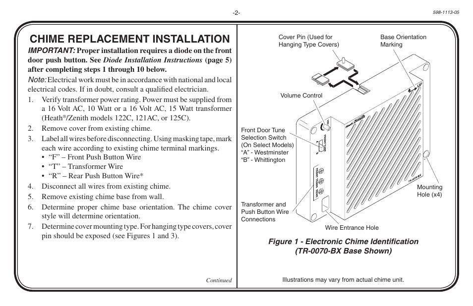 Chime replacement installation | Heath Zenith Hardwired Electronic Chime 598-1113-05 User Manual | Page 2 / 24