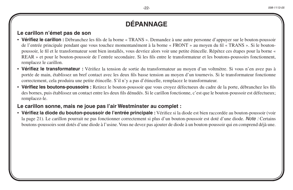 Dépannage | Heath Zenith Hardwired Electronic Chime 598-1113-05 User Manual | Page 22 / 24