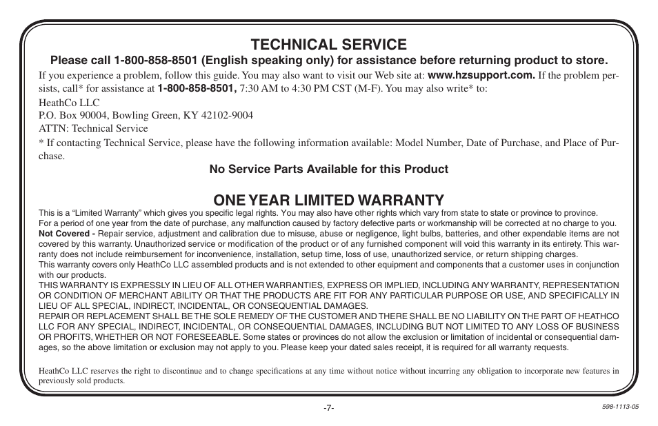 One year limited warranty, Technical service | Heath Zenith Hardwired Electronic Chime 598-1113-05 User Manual | Page 7 / 24
