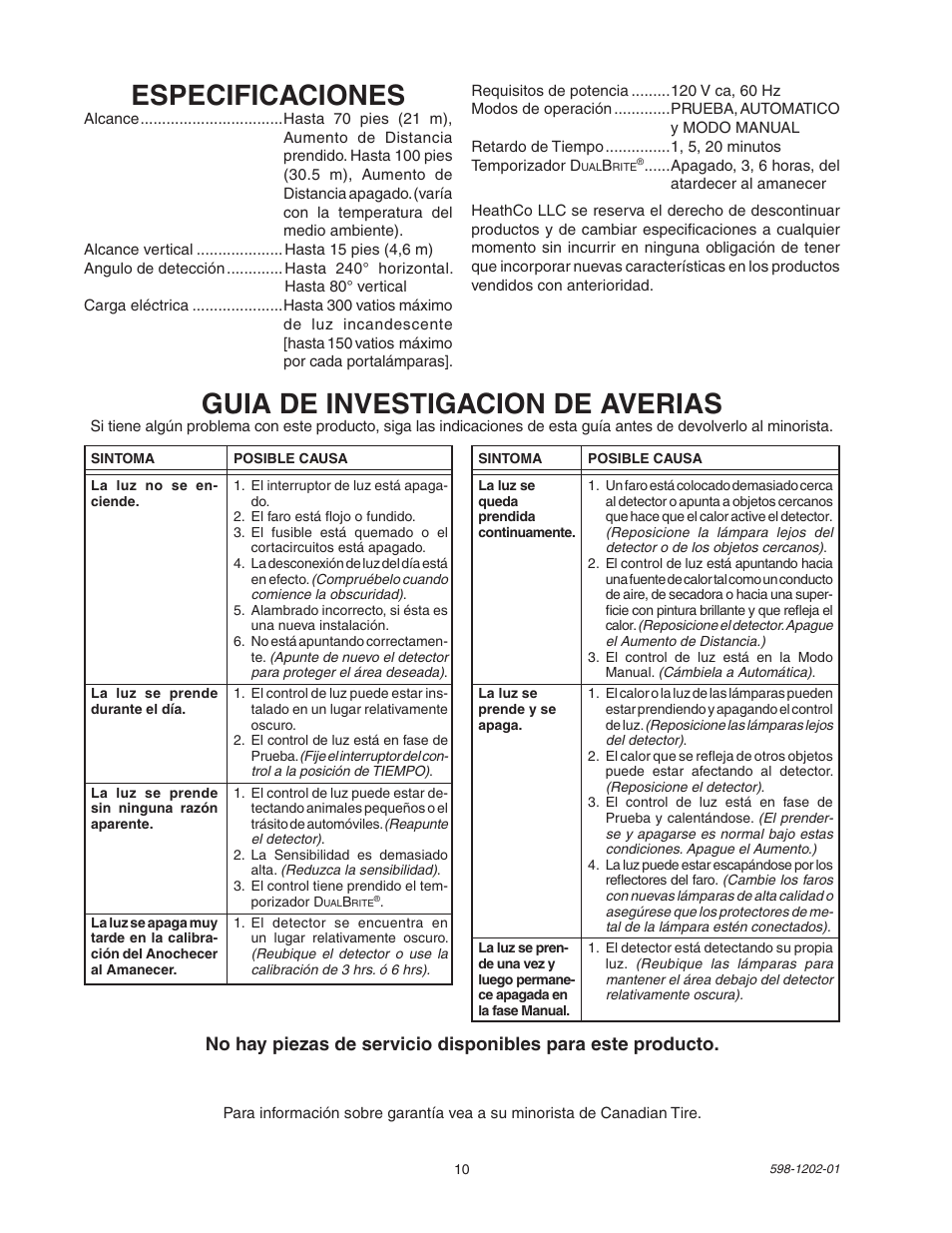 Especificaciones, Guia de investigacion de averias | Heath Zenith 5105 User Manual | Page 10 / 16