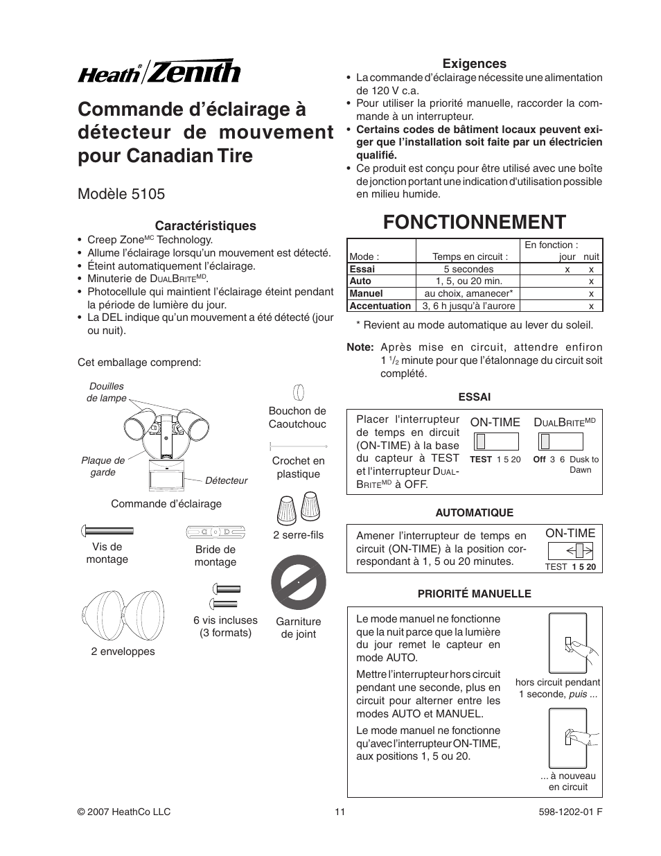 Fonctionnement, Modèle 5105, Exigences | Caractéristiques | Heath Zenith 5105 User Manual | Page 11 / 16