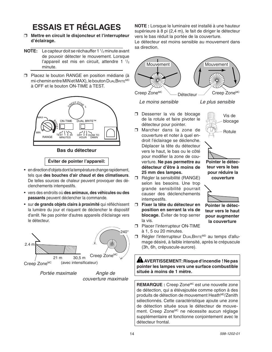 Essais et réglages, Bas du détecteur | Heath Zenith 5105 User Manual | Page 14 / 16