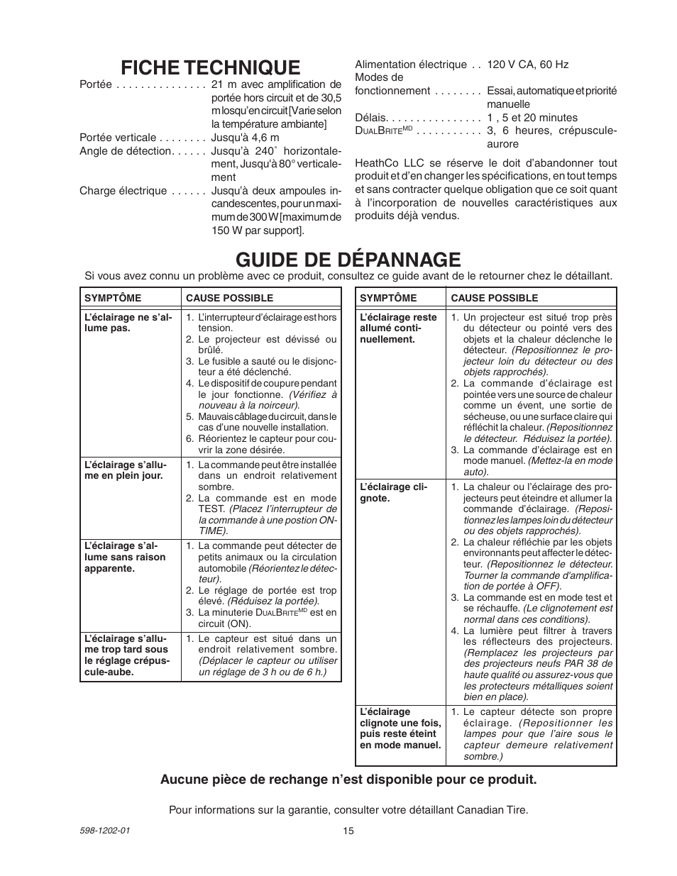 Fiche technique, Guide de dépannage | Heath Zenith 5105 User Manual | Page 15 / 16