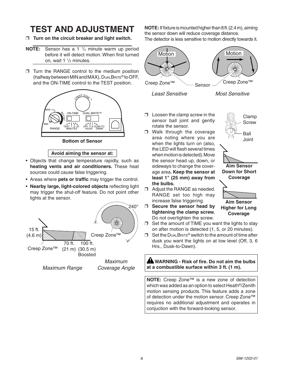 Test and adjustment, Maximum maximum range coverage angle motion motion, Least sensitive most sensitive | Heath Zenith 5105 User Manual | Page 4 / 16