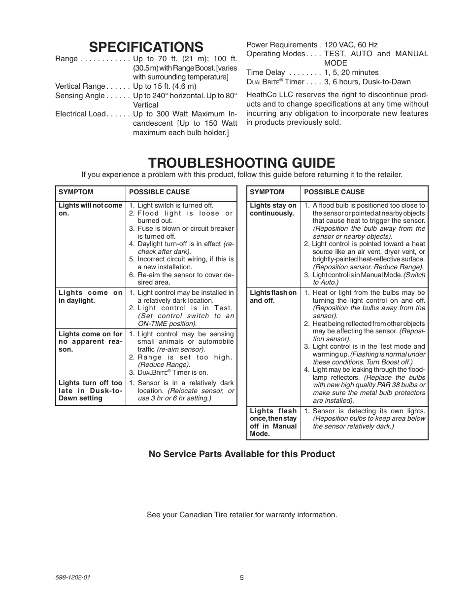 Specifications, Troubleshooting guide, No service parts available for this product | Heath Zenith 5105 User Manual | Page 5 / 16