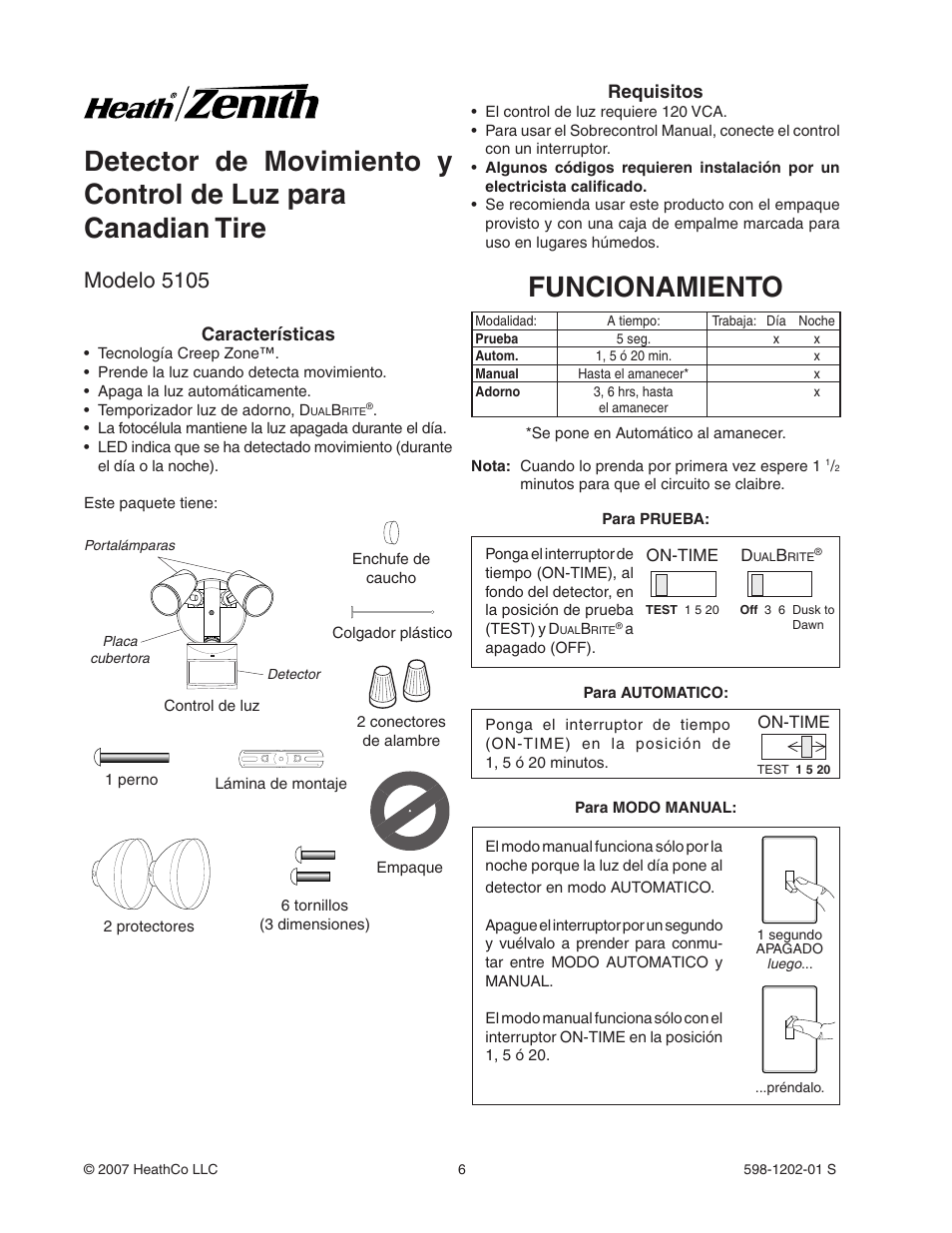 Funcionamiento, Modelo 5105, Características | Requisitos | Heath Zenith 5105 User Manual | Page 6 / 16